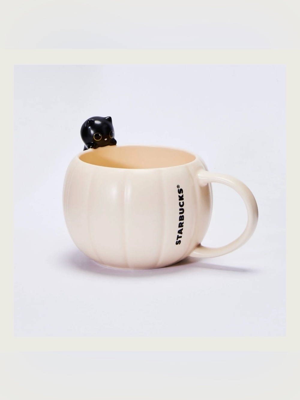 Starbucks Cream Ceramic Pumpkin Mug with Black Cat Accent